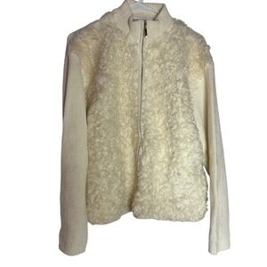 Victoria Harbour Cream Textured Knit Goat Fur Zip‎ Up Jacket Women's XL Vintage